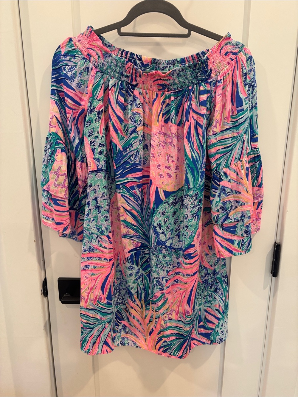 Lilly Pulitzer Off-Shoulder Tropical Tunic in Pink and Blue
